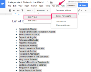 google docs alphabetize