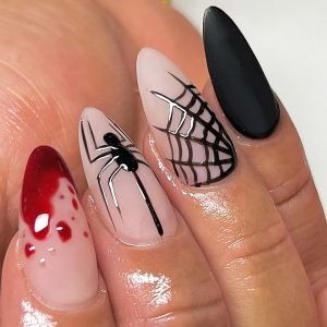 Medium Almond Fake Nails Spider & Spider Web Acrylic Nails with Blood Drop