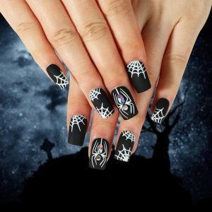 White Spider Web Rhinestones Designs Full Cover Black Acrylic Nails