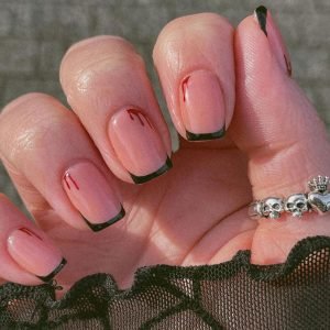 French Halloween Press on Nail Short Black French Fake Nail Nude Base with Blood Deisgn